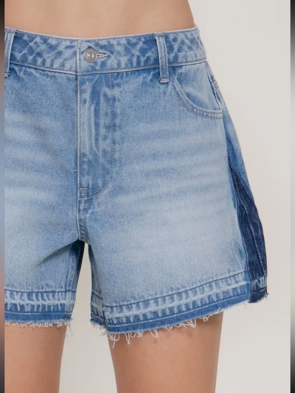 ShopEvelynne Two-Tone Light Blue Denim Shorts with Frayed Hem